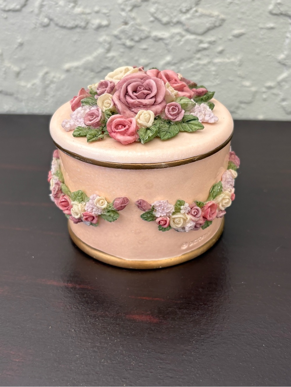 Dezine Hand Painted Decorative Floral Trinket Box - Pink, Cream & Green Roses